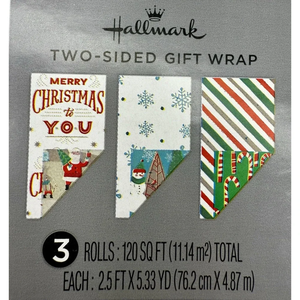 Hallmark Two-Sided Christmas Gift Wrap 3-Roll Set 120 Sq Ft Reversible Designs‎